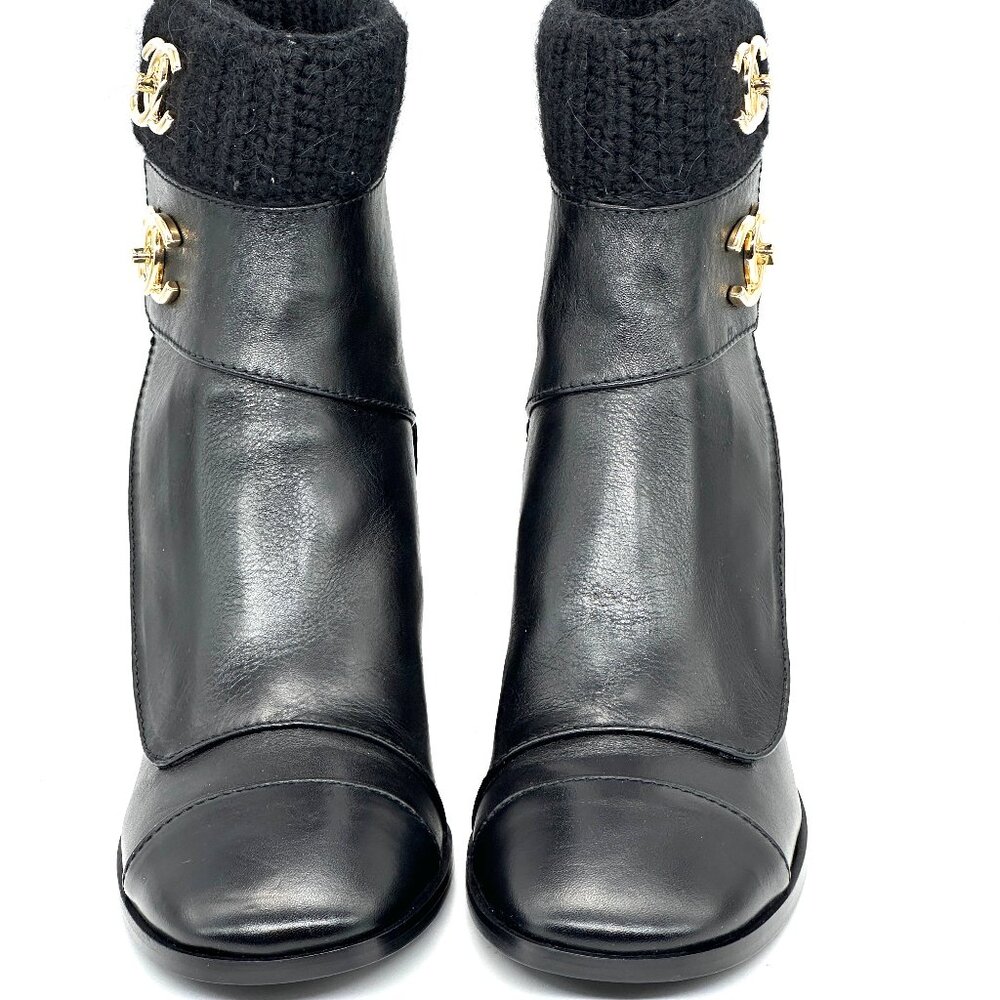 CHANEL 23K 2023 Turnlock CC Leather Knit Cuff Ankle Bootie Boots Heels - Picture 4 of 16